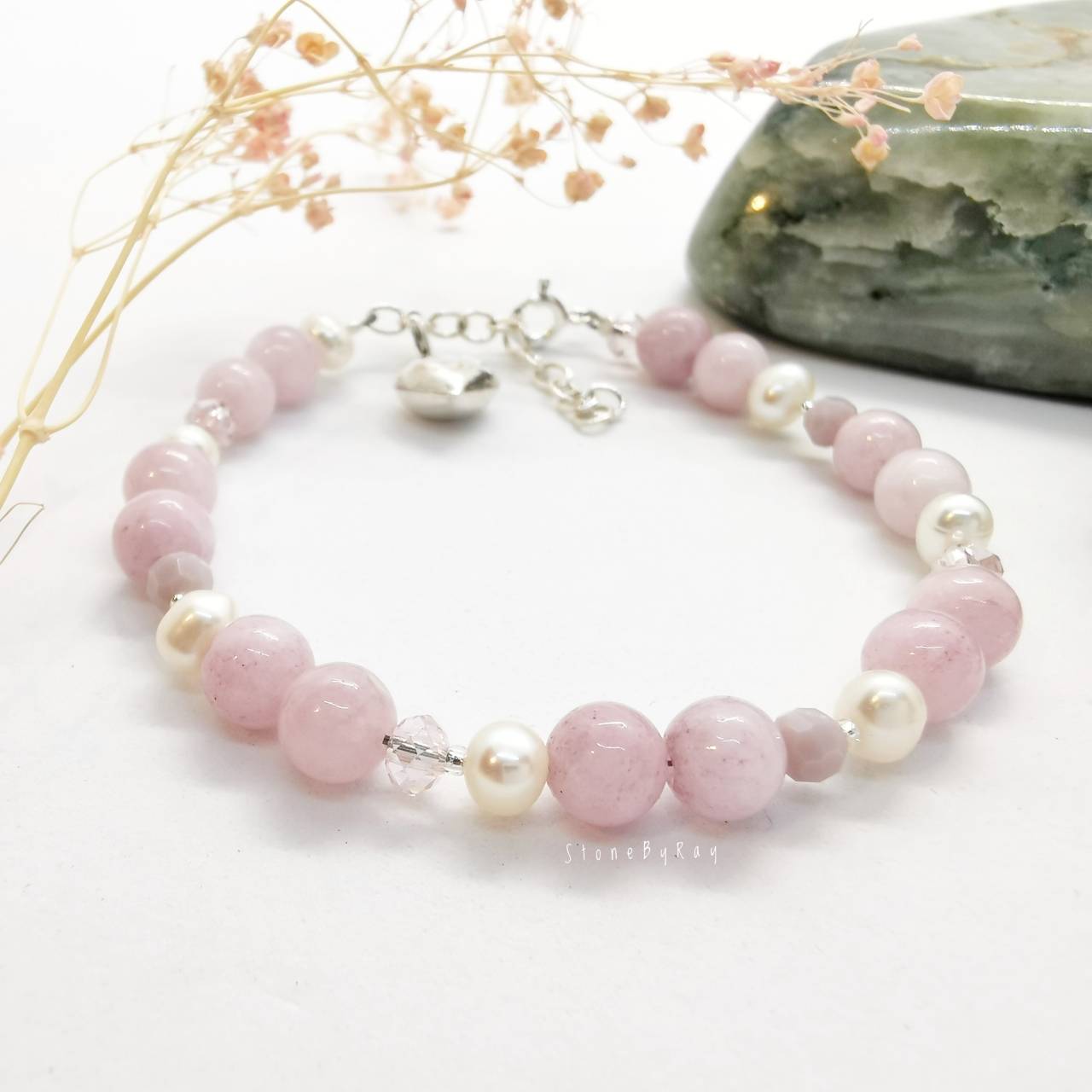 สร้อยข้อมือหินคุนไซต์กับมุกแท้ Kunzite+Pearl