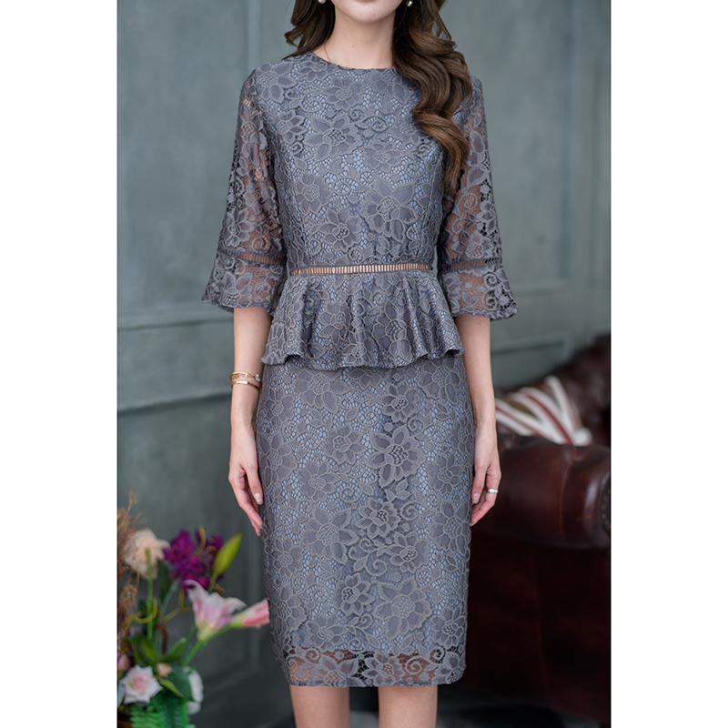 kudapy เดรสสั้นสีเขียว/สีเทา ลูกไม้ผ้านุ่มนิ่ม งานผ้าลูกไม้เนื้อหนานุ่มใส่สบาย งานผ้าลายสวยเรียบหรู