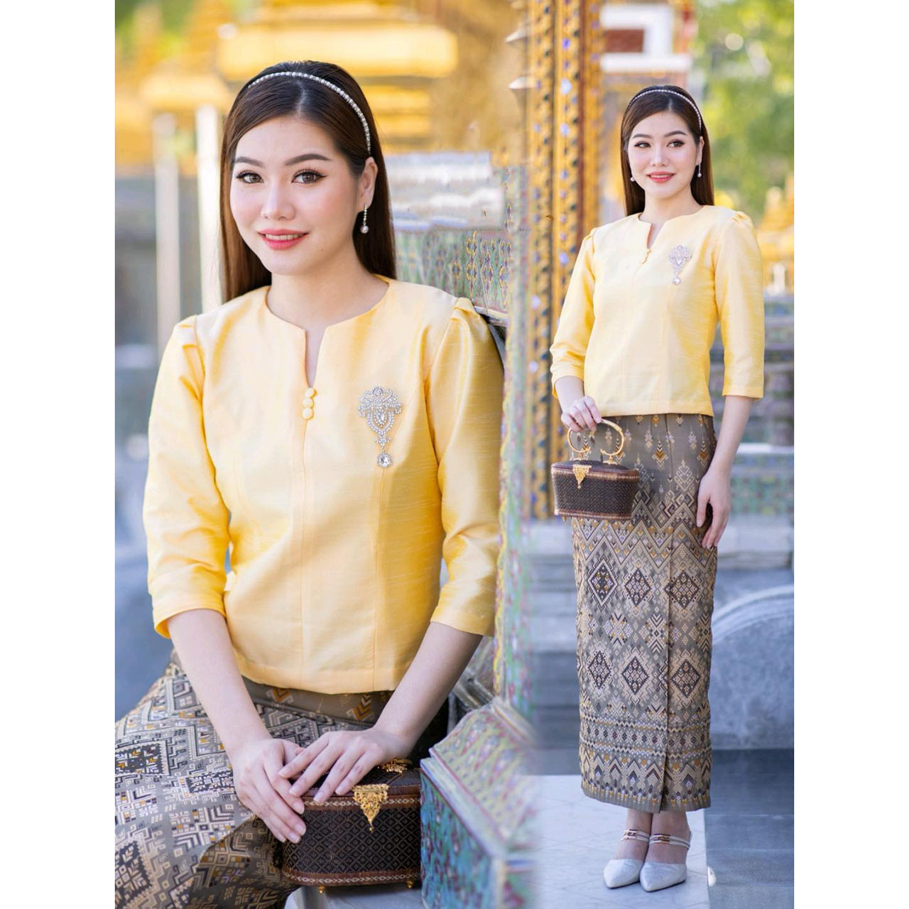 kudapy ชุดเซ็ทเสื้อผ้าไหมแพรทิพย์สีเหลือง/สีม่วง +ผ้าถุงผ้าไหมทอลาย