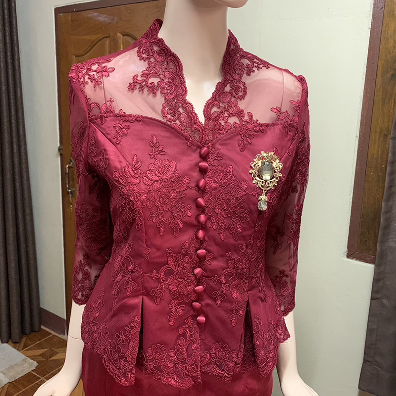 kudapy ชุดเซทผ้าไหมอิตาลีสีแดง/สีชมพู/สีครีม เอวดีด แต่งเอวแต่งจีบ งานเย็บประณีต มีซับใน