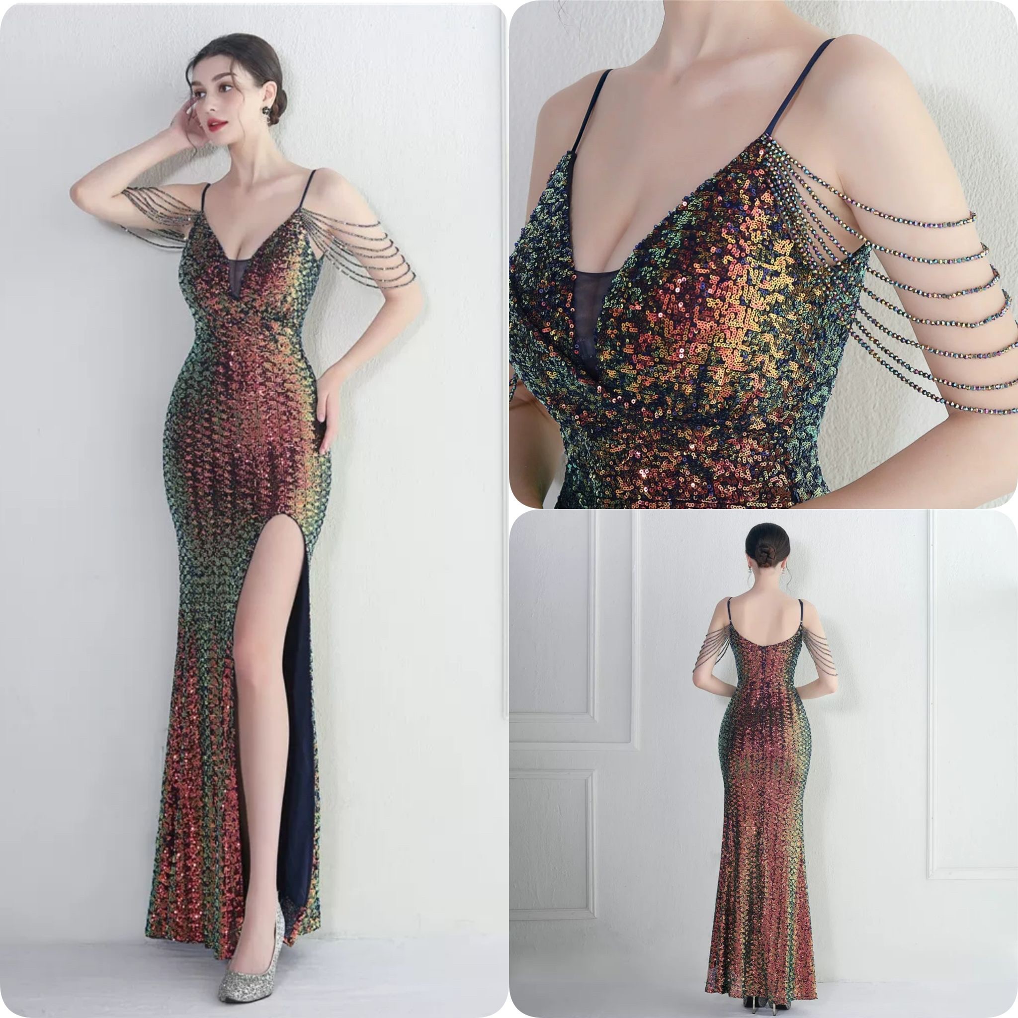 kudapy ชุดราตรียาวสายเดี่ยวปักเพชรสีทองโรสโกลด์,สีเขียว,สีแดงเบอร์กันดี้ ผ่าหน้า ผ้ากริสเตอร์ ยืดตามตัว