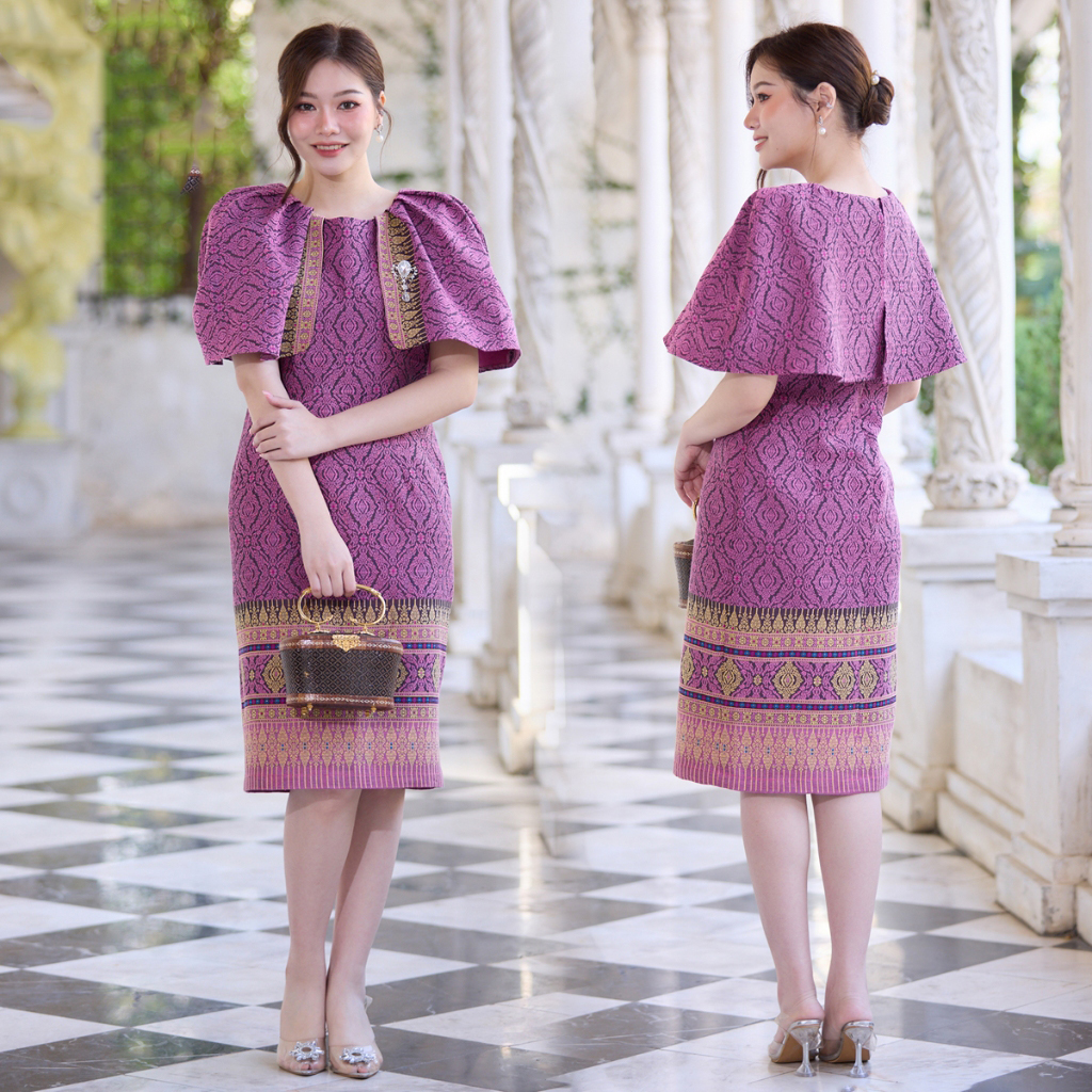 kudapy เดรสสั้นคลุมเข่า ออกงานสีม่วง สีเหลือง เดรสผ้าไหมไทยทอลาย งานตัดผ้าไหมไทย