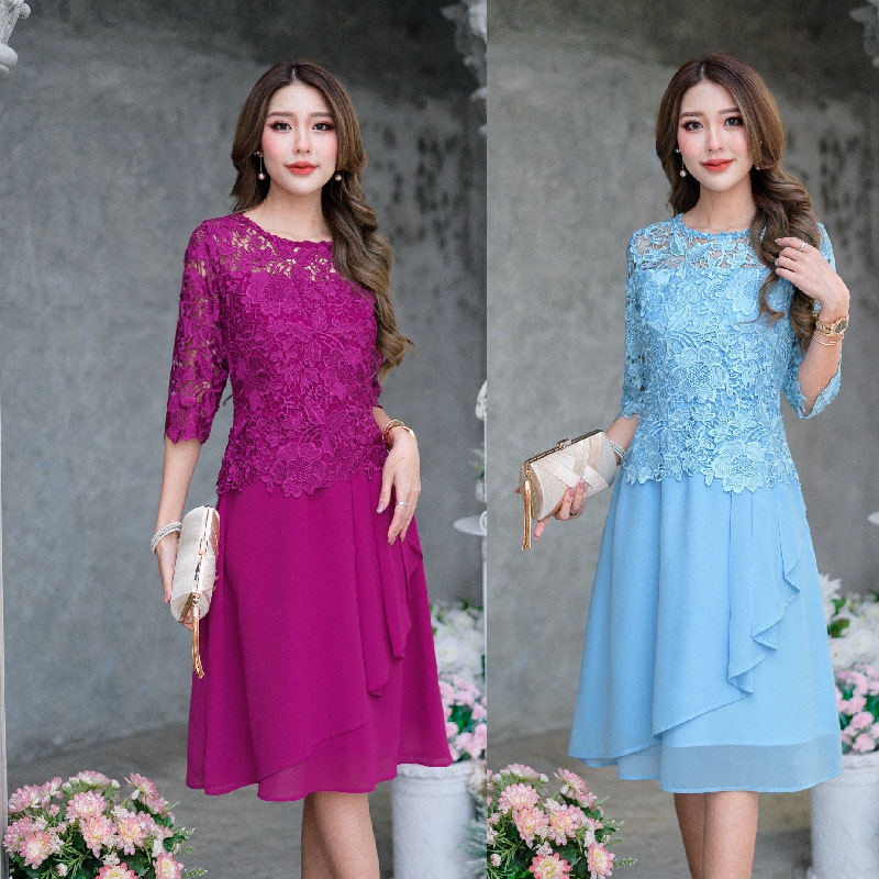 kudapy เดรสผ้าลูกไม้สั้นสีฟ้า/สีชมพูม่วงเข้ม ลูกไม้แสนสวยดีไซน์หวาน ตัดเย็บด้วยผ้าลูกไม้เนื้อเงาทอเนื้อแน่นหนาคัดเกรดอย่างดี