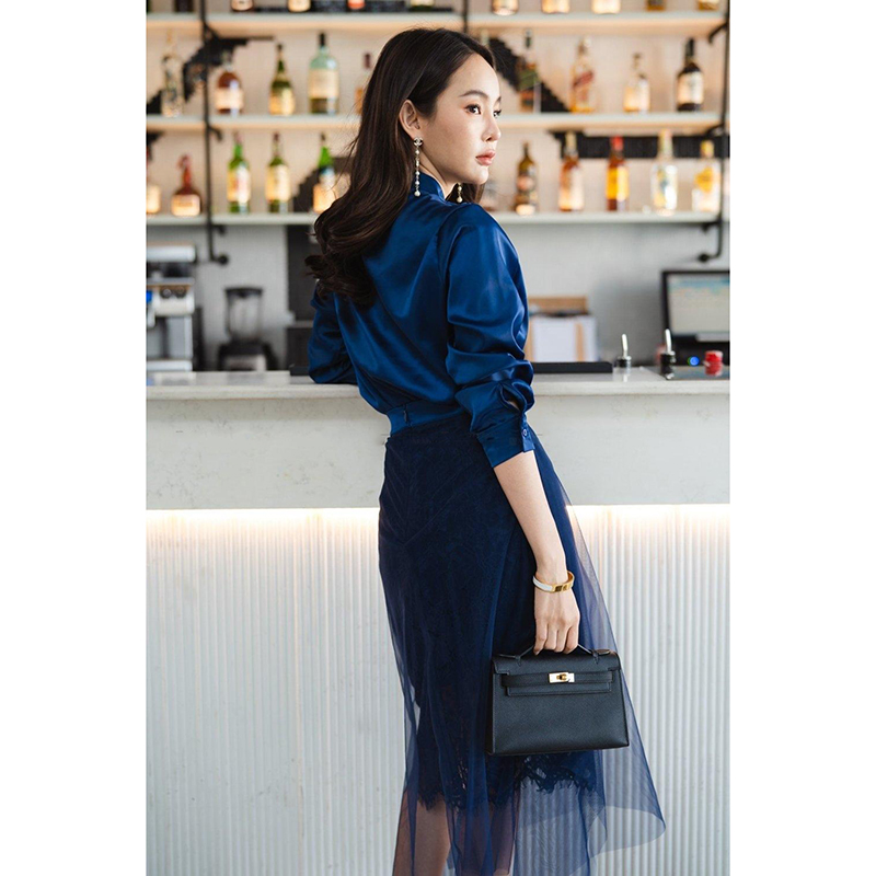 kudapy เซตเสื้อเชิ้ต+กระโปรง สีน้ำเงินกรมท่า/สีแดง ผ้าวาเลนเนื้อนิ่มลื่นใส่สบาย