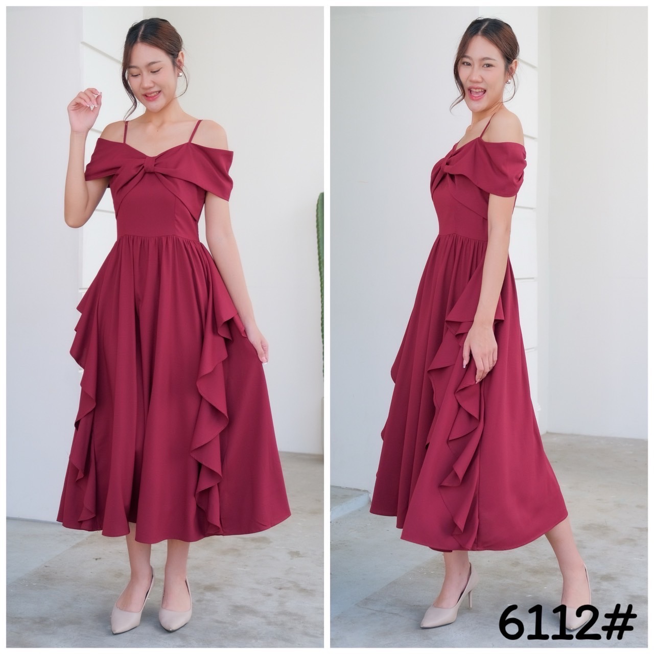 kudapy เดรสสั้น เดรสออกงานสุดพริ้ว เดรสเปิดบ่า ปิดแขน อกโบว์ กระโปรงบานพริ้ว แต่งริ้วด้านข้าง