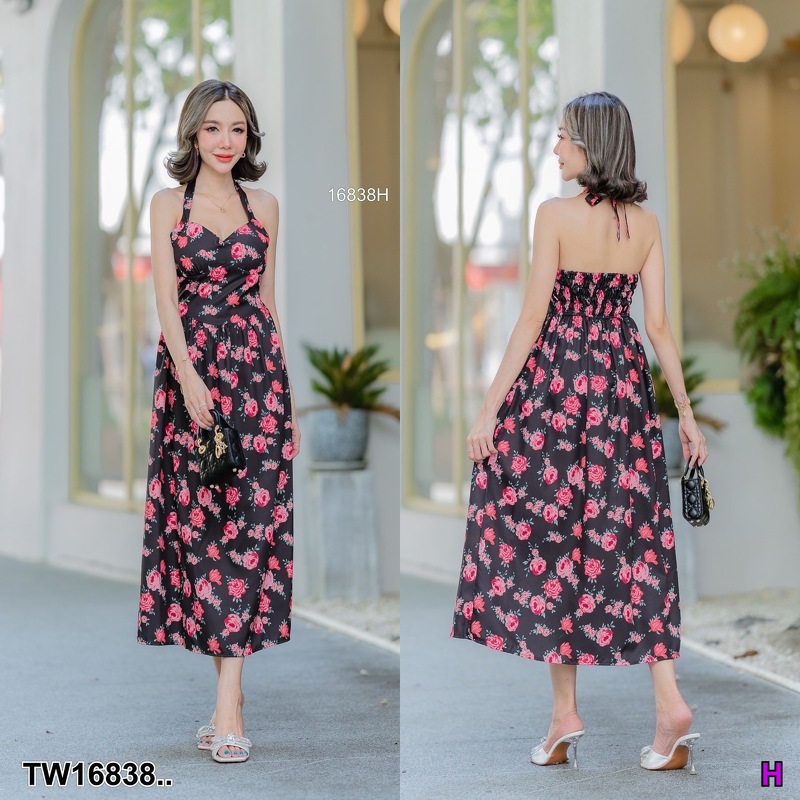 kudapy เดรสยาวไปทะเล ปรับสายได้ ผ้าไหมเกาหลี ลายดอกไม้ สวย หวาน ใส่ยางสม็อคเต็มหลังหลัง มีบลาฟองน้ำ