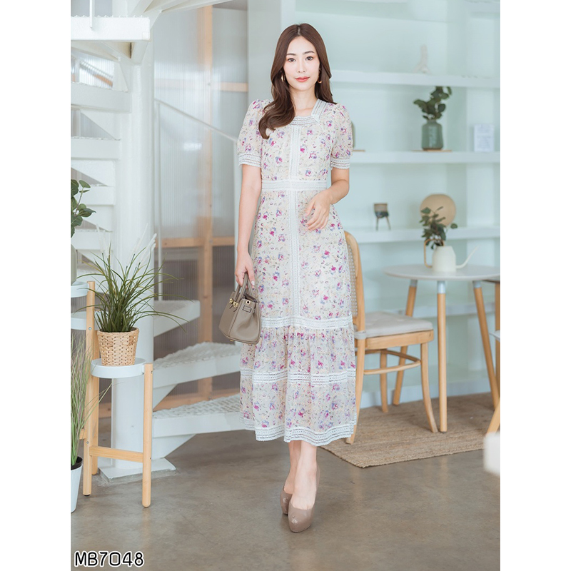 kudapy เดรสยาวสีครีม/ชมพู เกาหลีลายดอกปักทองใส่ออกงานสวยดูดีผ้าใส่สบาย