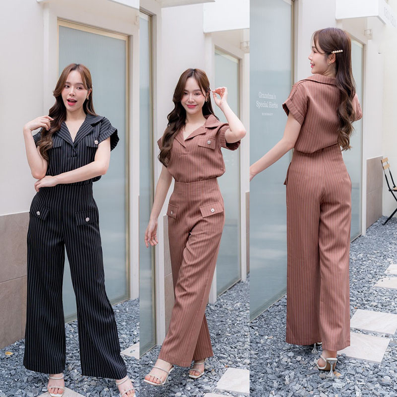 kudapy เซ็ทเสื้อคอปก+กางเกงขายาวสีดำ/สีน้ำตาล ใส่สบายสวยดูดี