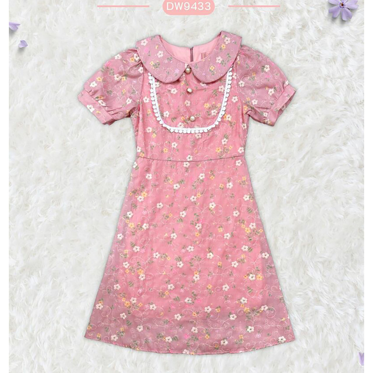 kudapy เดรสสั้นสีขาว/สีชมพู/สีแดง ทรงบานลายดอกคอกปก