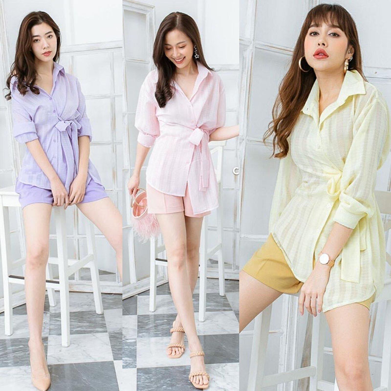 kudapy ชุดเซทสีชมพู,เหลือง เสื้อ+กางเกง เสื้อคอปกผุกเอวดีเทลน่ารัก ผ้ามีเทคเจอร์ในตัว โทนสีสวยมากๆ