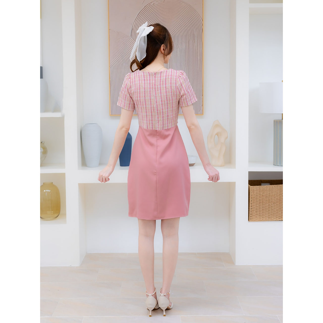 kudapy เดรสสั้นสีฟ้า/สีชมพุ/สีครีม ผ้าทอลายสก๊อตกระโปรงสีพื้น