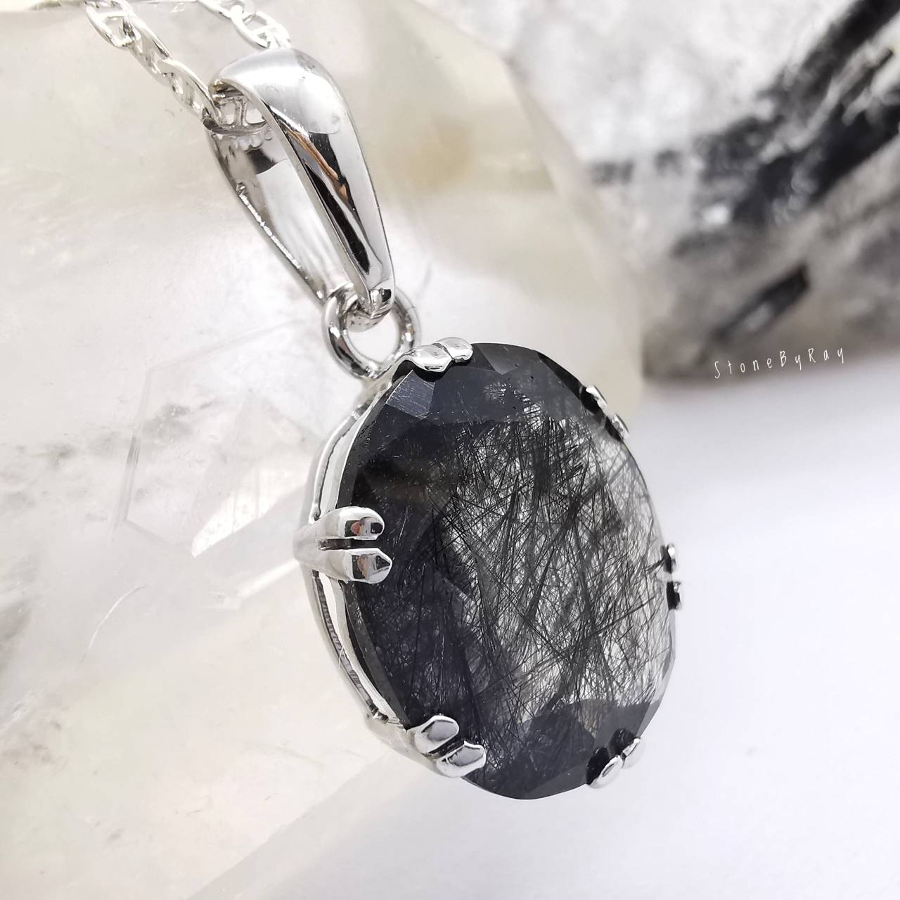 สร้อยคอเงินจี้หินไหมดำ Black Tourmaline Quartz