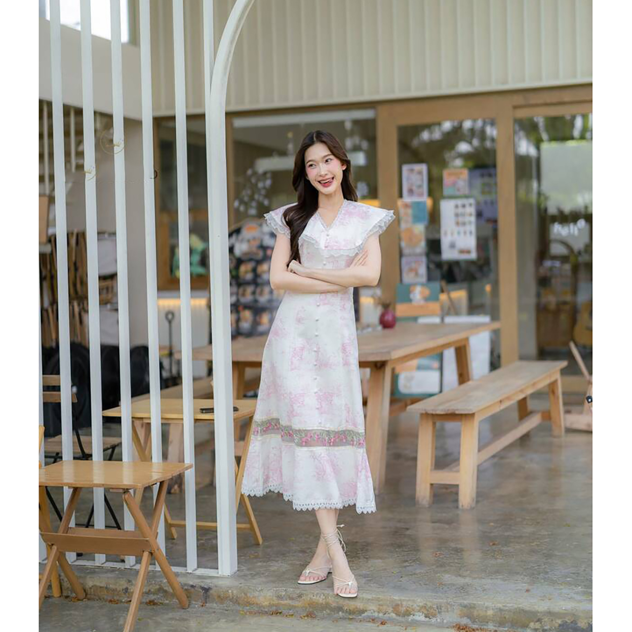 kudapy เดรสยาวสั้นสชมพู/สีฟ้า คอปกแต่งระบาย