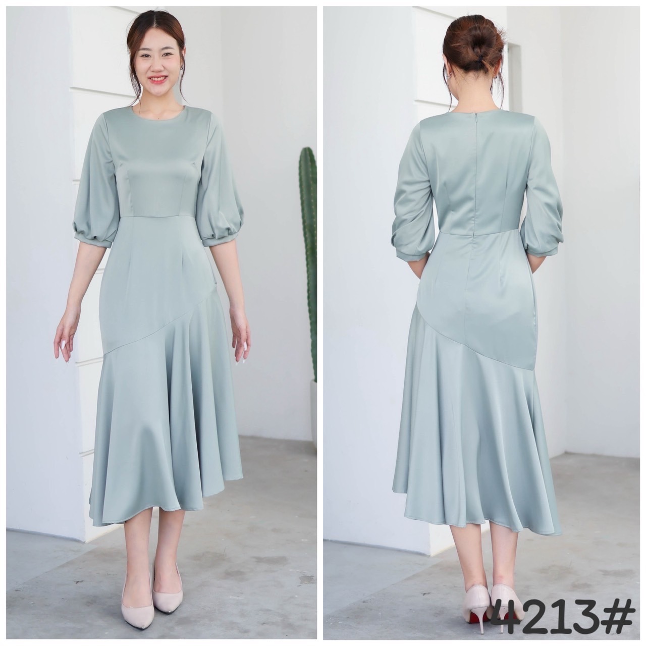 kudapy Midi dress ทรงคอกลม แขนพอง เอวสูง กระโปรงทรงเอ ปลายจับเดรปเฉียงข้าง ใส่พริ้วสวย