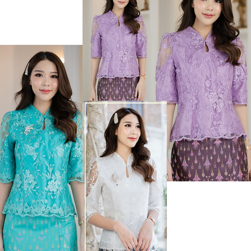 kudapy เสื้อลูกไม้สีฟ้า/สีขาว/สีม่วง เนื้อลูกเนื้อไม้ปัก ช่วงแขนทรงกระบอกดีไซน์ตรงแขน เป็นซีทรูนิดหน่อย (เฉพาะเสื้อ)