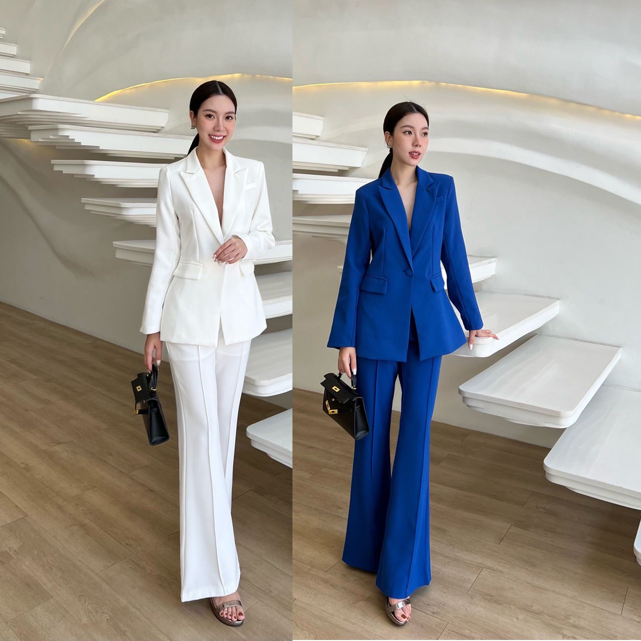 kudapy setsuit เสื้อ+กางเกง ตัวเสื้อออกแบบให้มีกระดุมปั้มผ้าเดียวกับสูท 1 เม็ดติดได้จริง กระเป๋าจริง มีซับในทั้งตัว