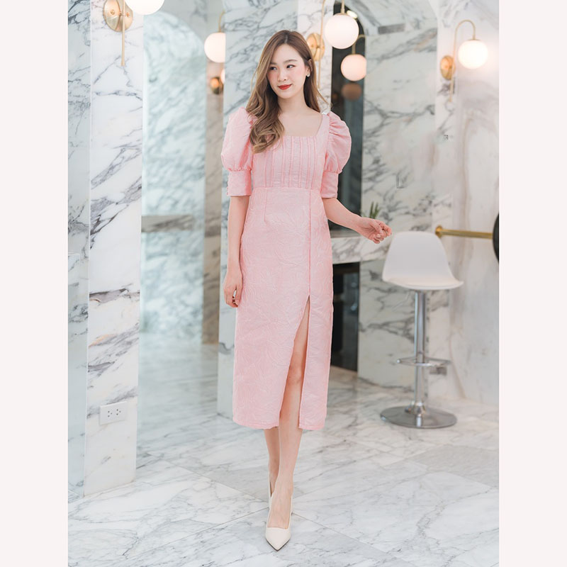 kudapy เดรสยาวสีชมพู/สีแดง/สีเหลือง ผ่าหน้าแขนตุ๊กตา สวยดูดีใส่สบาย