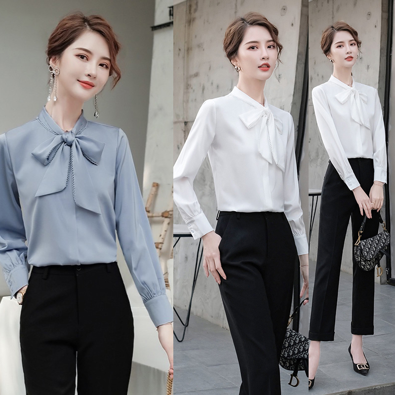 kudapy เสื้อเชิ้ตทำงานผู้หญิงสีเทา/สีขาว คอกลมแต่งโบว์แขนยาว (เฉพาะเสื้อ)