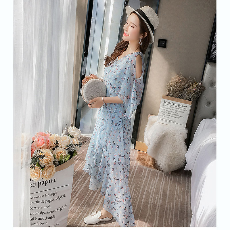 kudapy เดรสสั้นสีฟ้า ผ้าชีฟอง ลายดอกไม้เล็ก แขนกว้าง กระโปรงหน้าสั้นหลังยาว สวยสดใส