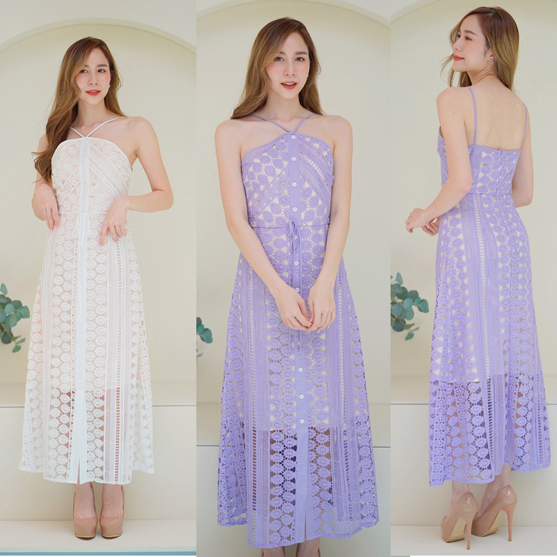 kudapy เดรสยาวสีขาว/สีม่วง สายเดี่ยวมีกระดุมตรงกลาง