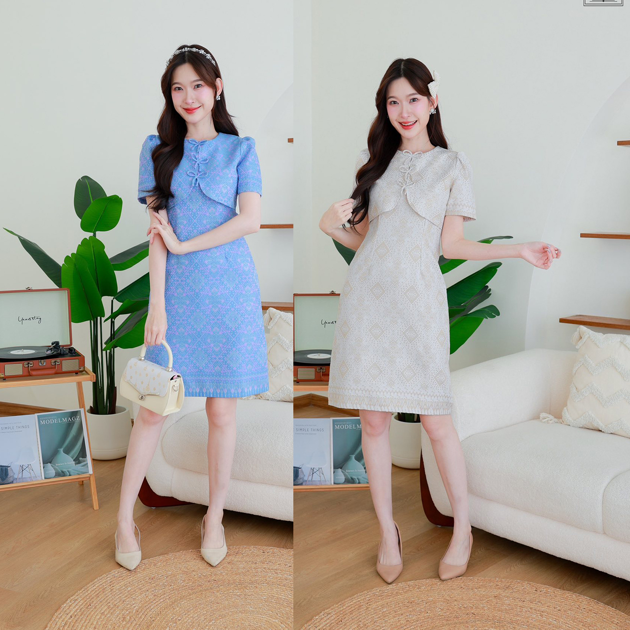 kudapy เดรสสั้นส ผ้าไทยทอลายเสื้อทรงกั๊กกระดุมโบว์