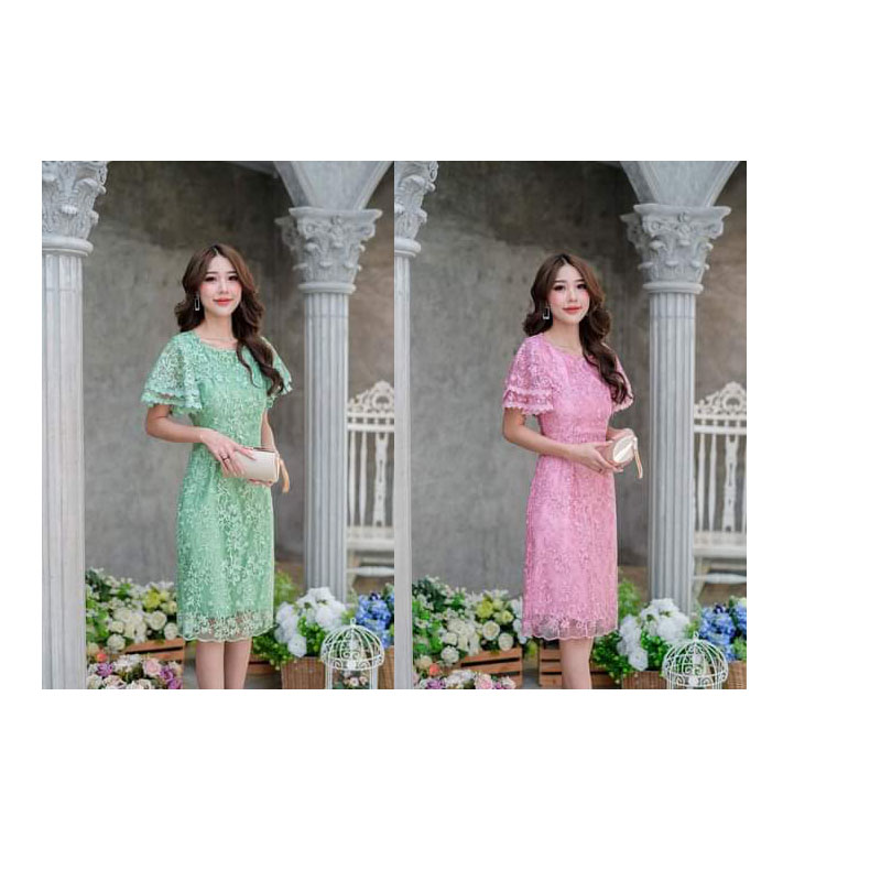 kudapy เดรสสั้นสีชมพู/สีเขียวตอง ลูกไม้เงา ไซน์สวยทรงแขนสั้นเป็นแขนระบายบานแต่งแขนสองชั้น
