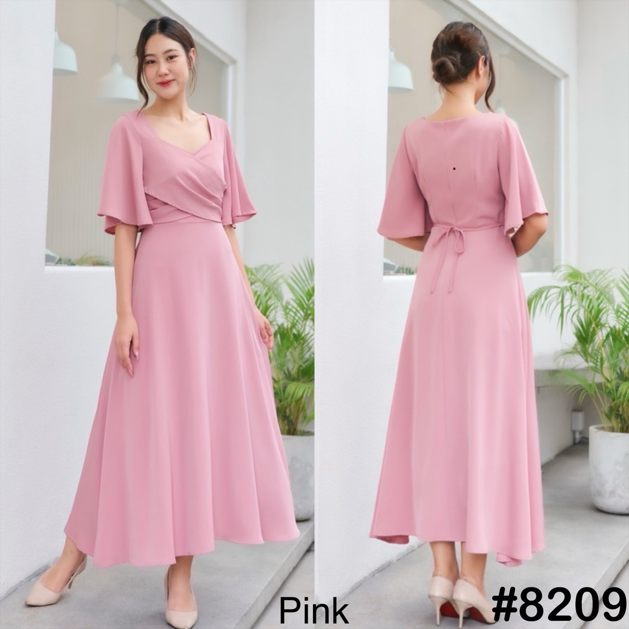 kudapy เดรสคอเหลี่ยม แขนกระดิ่ง ดีเทลป้ายอก เชือกผูกเก็บช่วงเอว กระโปรงฟรีสะโพก ลุคนั่งสะดวก