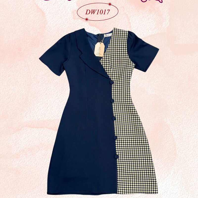 kudapy เดรสสั้นสีชมพู/สีกรม/สีน้ำตาล ทูโทนลายสก๊อต ทรงเข้ารูป มีซับใน งานซิปด้านหลัง