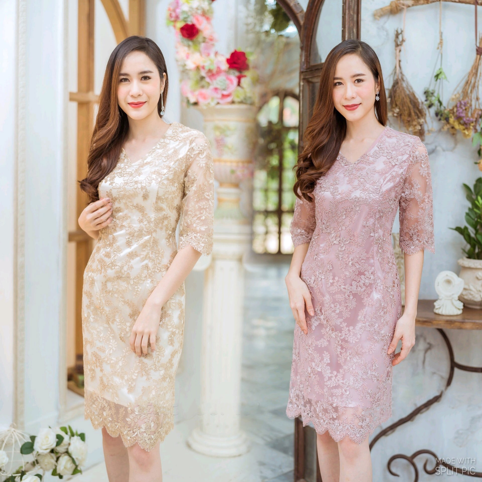 kudapy เดรสสั้นผ้าลูกไม้คอวีมแขนสามส่วน สีชมพู/สีครีมทอง ใส่ออกงานผ้าลูกไม้ปักเลื่อม ซับในซาตินทรงเอเข้ารูป
