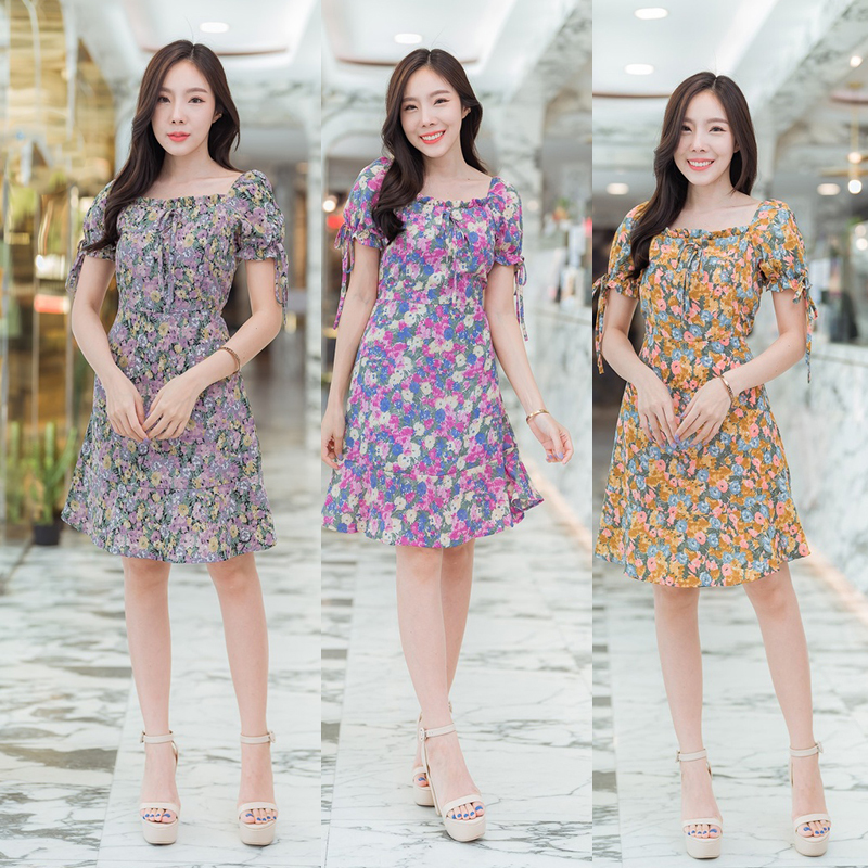 kudapy เดรสสั้นสีฟ้า/สีม่วง/สีเหลือง ลายดอกไหล่สม็อค ผ้าใส่สบายสวยดูดีน่ารักๆ
