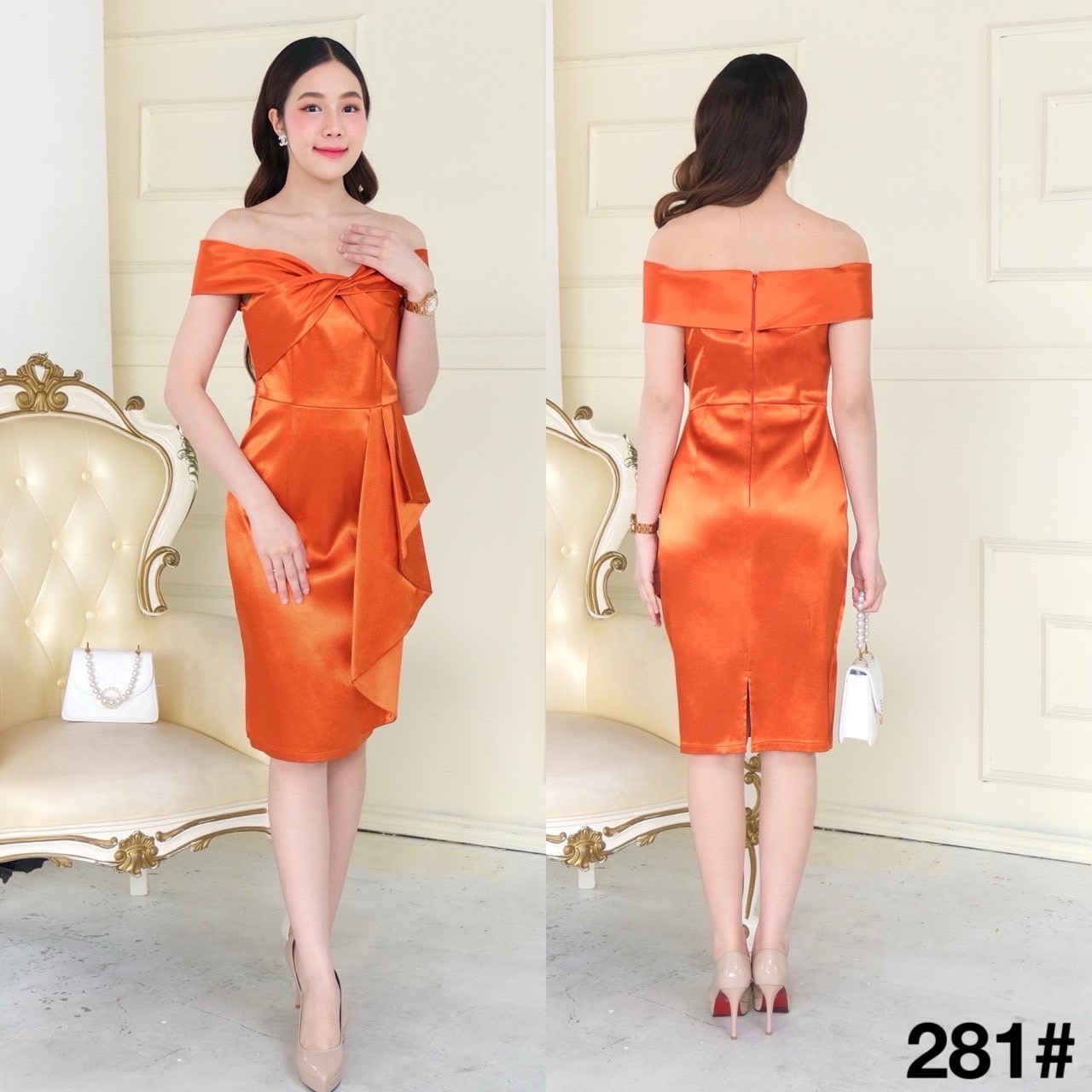 kudapy เดรสสั้นเปิดบ่าทวิชอก กระโปรงสอบ แต่งจีบสะโพก ซิปหลังใส่ง่าย เนื้อผ้าดัชเชสอัดกาว