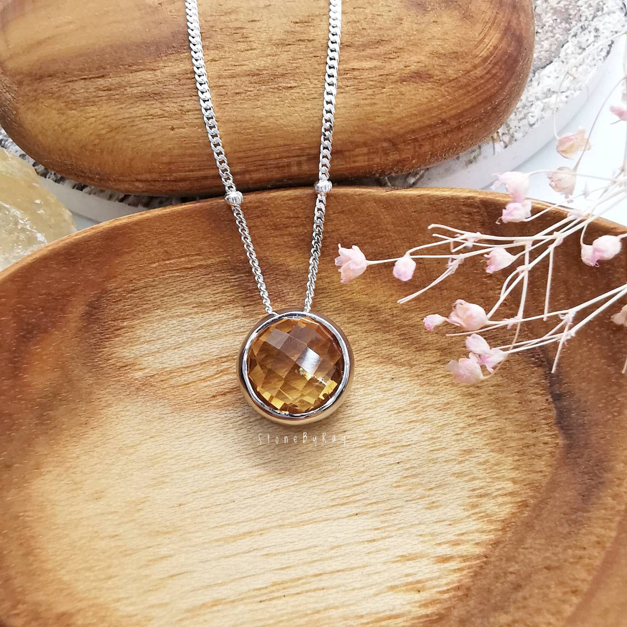 สร้อยคอเงินจี้พลอยซิทรินเจียรเหลี่ยม(Citrine)