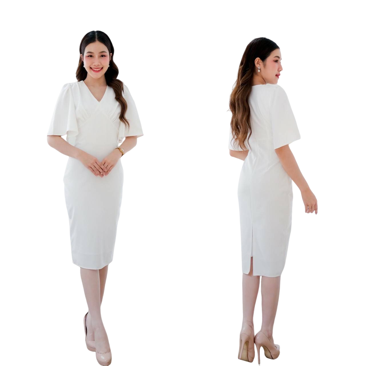 kudapy เดรสสั้นสีขาว/สีชมพู/สีครีม/สีมิ้น/สีชาไทย เข้ารูปทรงสอบ เอวสูงใต้อก คอวี ดีเทลต่อแขนระฆัง จีบยกบ่า