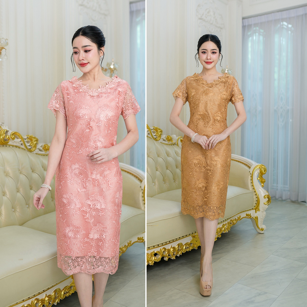 kudapy เดรสผ้าลูกไม้เนื้อผ้าเงาแต่งเลื่อมงานสวยพรีเมี่ยม ดีไซน์คอวี รอบคอแต่งดอกไม้เป็นดอกไม้ลูกไม้ถักลายสวย