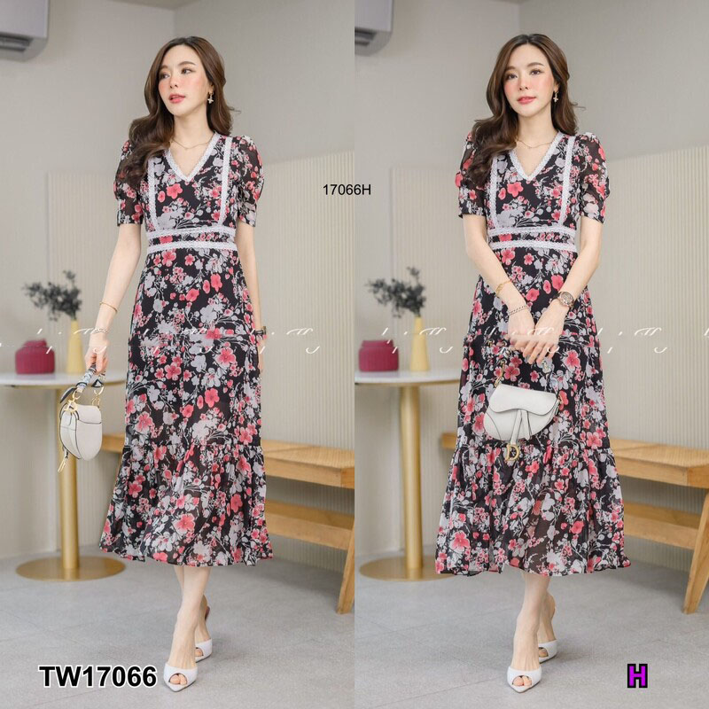 kudapy แม็กซี่เดรสยาวสีชมู ครีม ดำ เทา แดง แขนสั้น ผ้าชีฟองพิมลายดอกไม้ อกแต่งลูกไม้ มีซับใน มีซิปหลัง