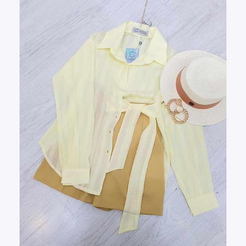 kudapy ชุดเซทสีชมพู,เหลือง เสื้อ+กางเกง เสื้อคอปกผุกเอวดีเทลน่ารัก ผ้ามีเทคเจอร์ในตัว โทนสีสวยมากๆ