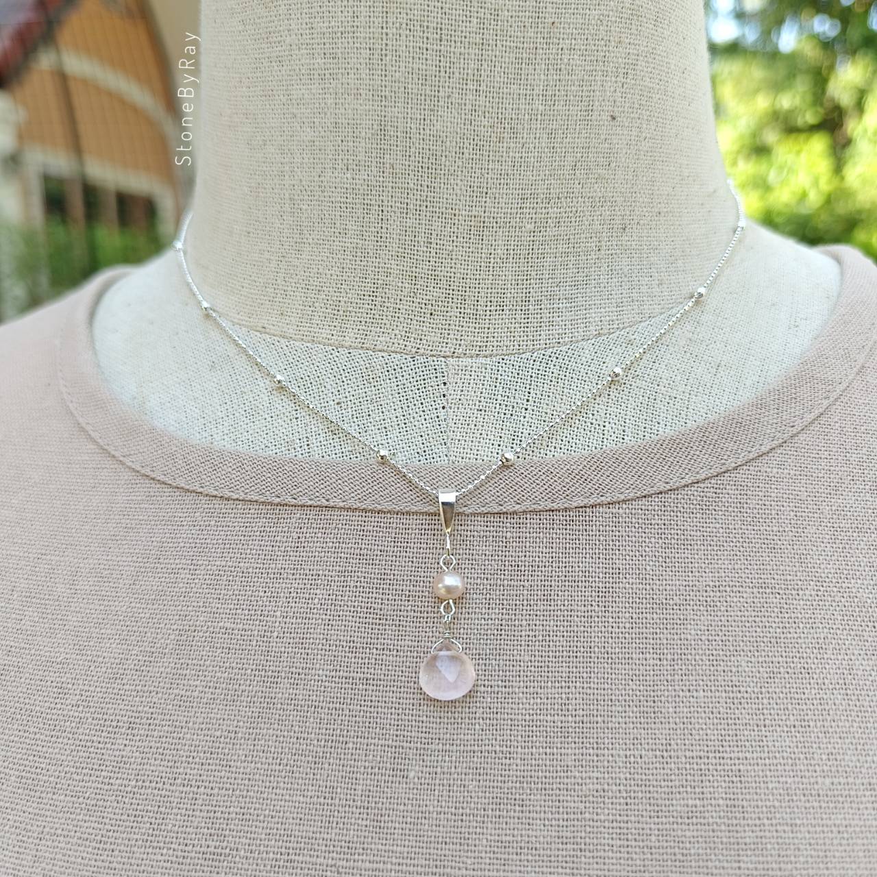 Setสร้อยคอเงินจี้หินโรสควอตซ์กับไข่มุก Rose Quartz&Pearl