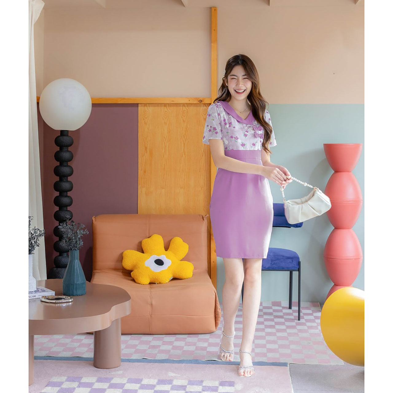 kudapy เดรสสีพื้นแต่งเสื้อลายดอกโบว์2ชิ้น