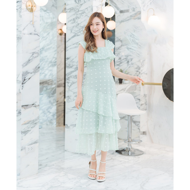kudapy เดรสยาวสีชมพู/สีขาว/สีเขียว ชีฟองจุดอกระบาย