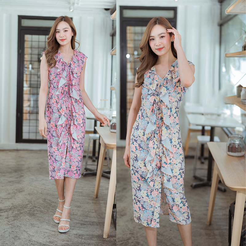 kudapy เดรสสั้นสีครีม/สีชมพู แขนกุดแต่งระบายหน้า