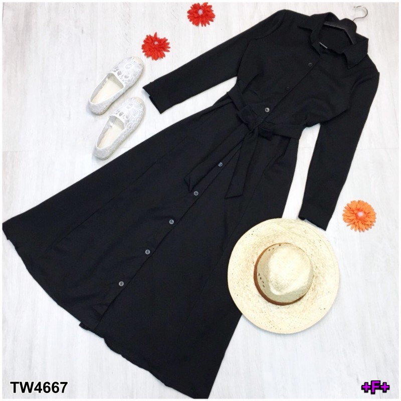 kudapy Maxi Dress แม็กซี่เดรสเชิ้ตแขนยาว สีพื้น งานเชิ้ตแต่งคอปกกระดุมช่วงหน้ายาวข้างเอวเย็บติดสายผูกเอว