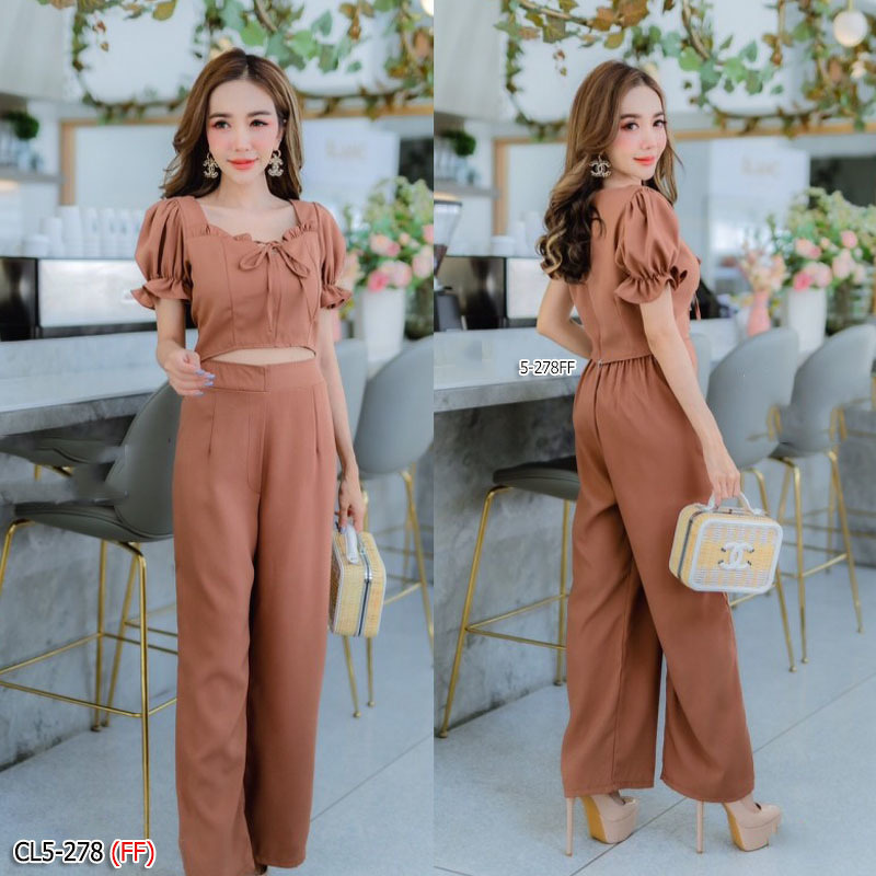 kudapy Set 2 ชิ้นสี ชมพู น้ำตาล เขียว เสื้อแขนพองปลายแขนสม๊อค อกจับจีบผูกโบว์ มาพร้อมกางเกงขายาว สวยๆ เก๋ๆ