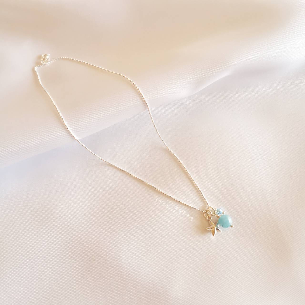 สร้อยคอเงินจี้หินอความารีน+จี้เงินแท้รูปดาว Aquamarine