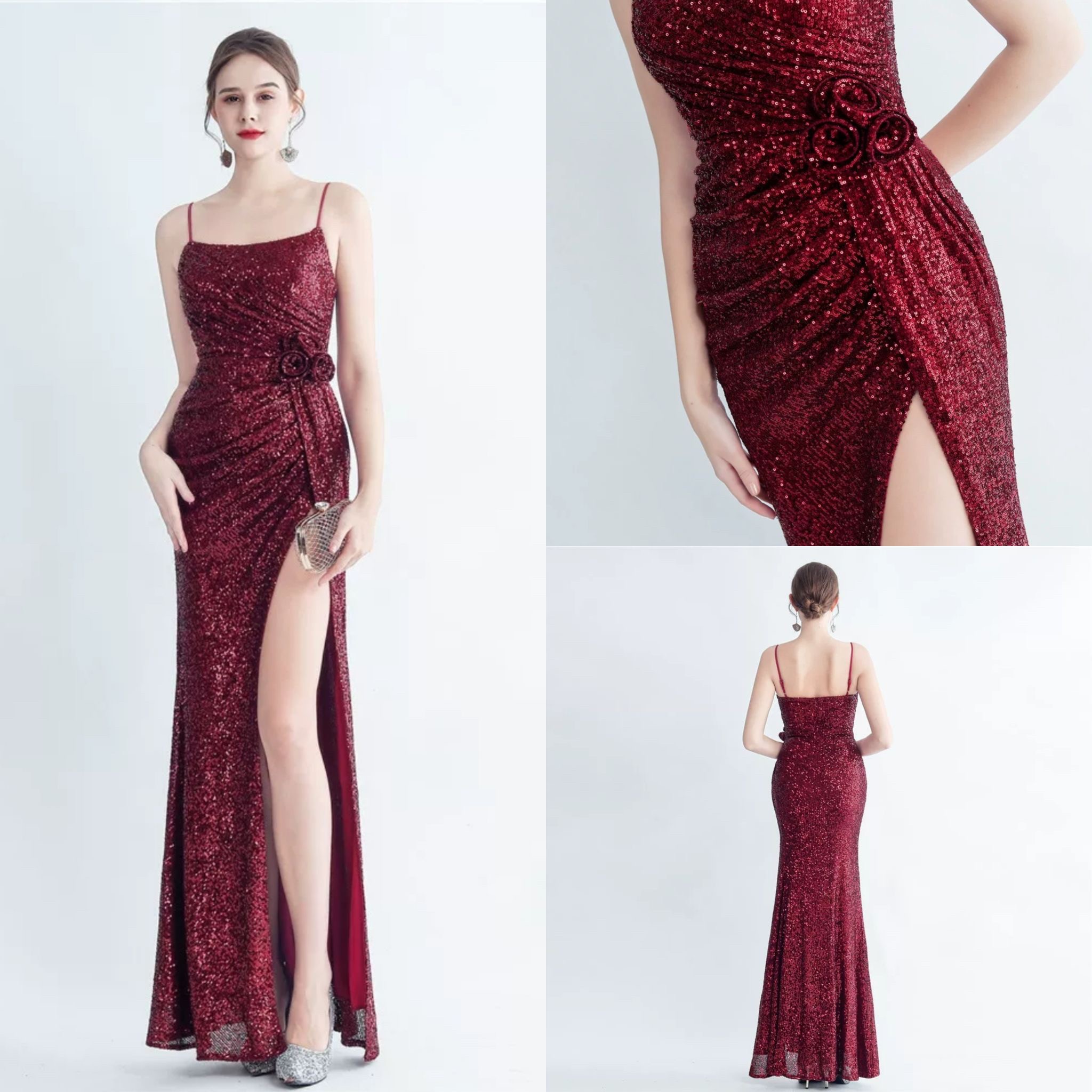 kudapy ชุดราตรียาวสายเดี่ยวผ้ากริสเตอร์ ยืดตามตัว สีครีมเงิน,สีครีมโรสโกลด์,สีม่วง,สีดำ,สีขียวมินท์,สีแดงเบอร์กันดี้,สีฟ้า