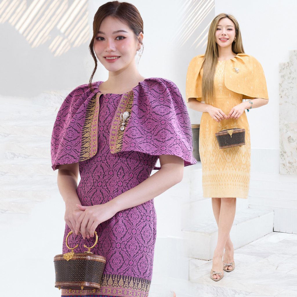 kudapy เดรสสั้นคลุมเข่า ออกงานสีม่วง สีเหลือง เดรสผ้าไหมไทยทอลาย งานตัดผ้าไหมไทย