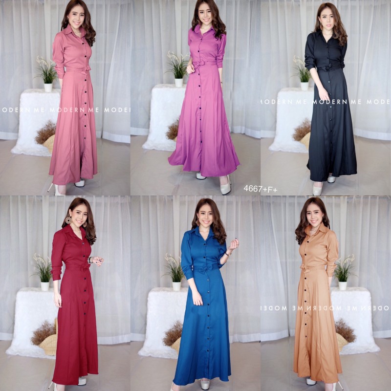 kudapy Maxi Dress แม็กซี่เดรสเชิ้ตแขนยาว สีพื้น งานเชิ้ตแต่งคอปกกระดุมช่วงหน้ายาวข้างเอวเย็บติดสายผูกเอว