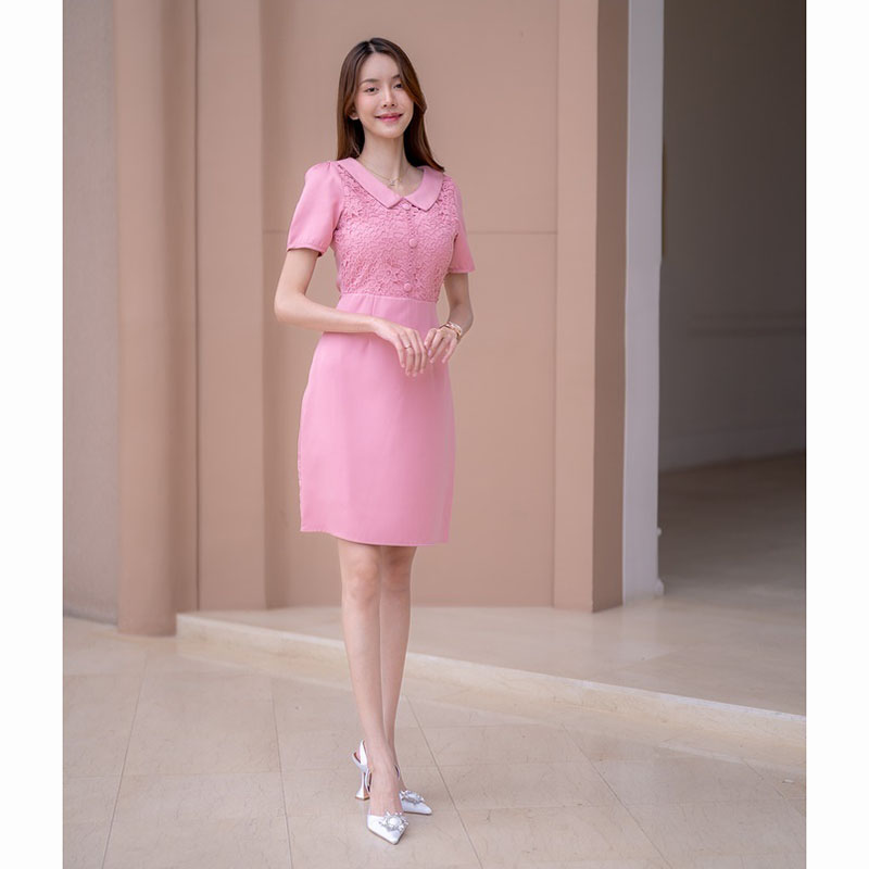 kudapy เดรสสั้นสีชมพู/สีฟ้า ผ้าทออกลูกไม้ ใส่ออกงานสวยดูดี น่ารัก