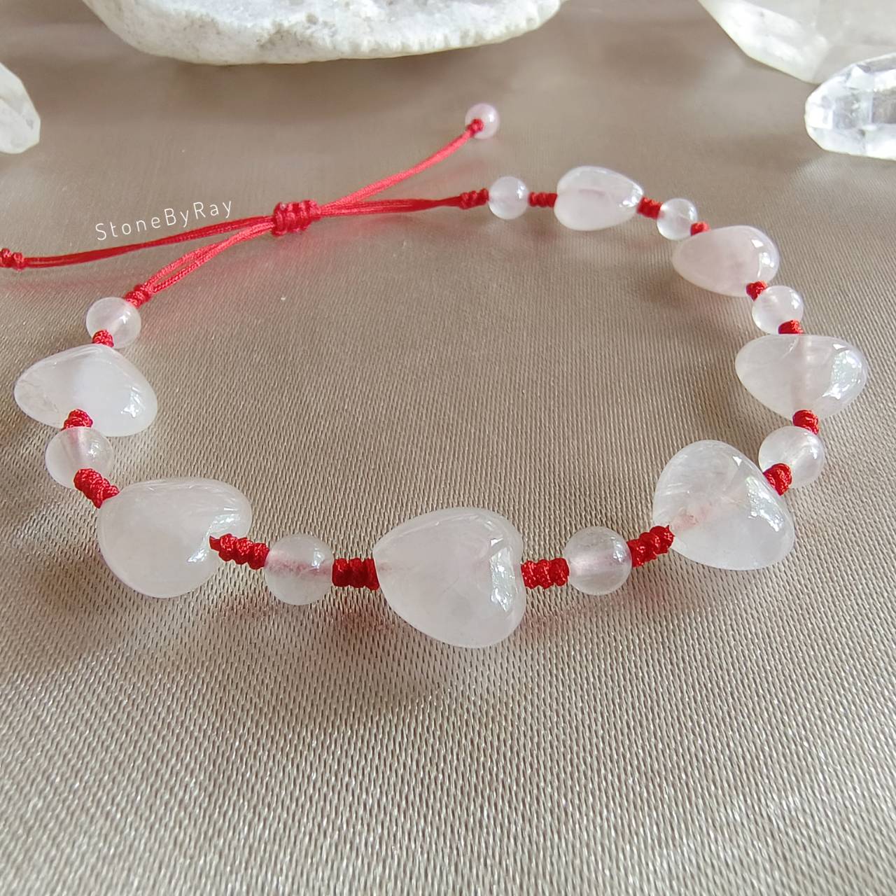 สร้อยข้อมือเชือกถักหินโรสควอตซ์รูปหัวใจ