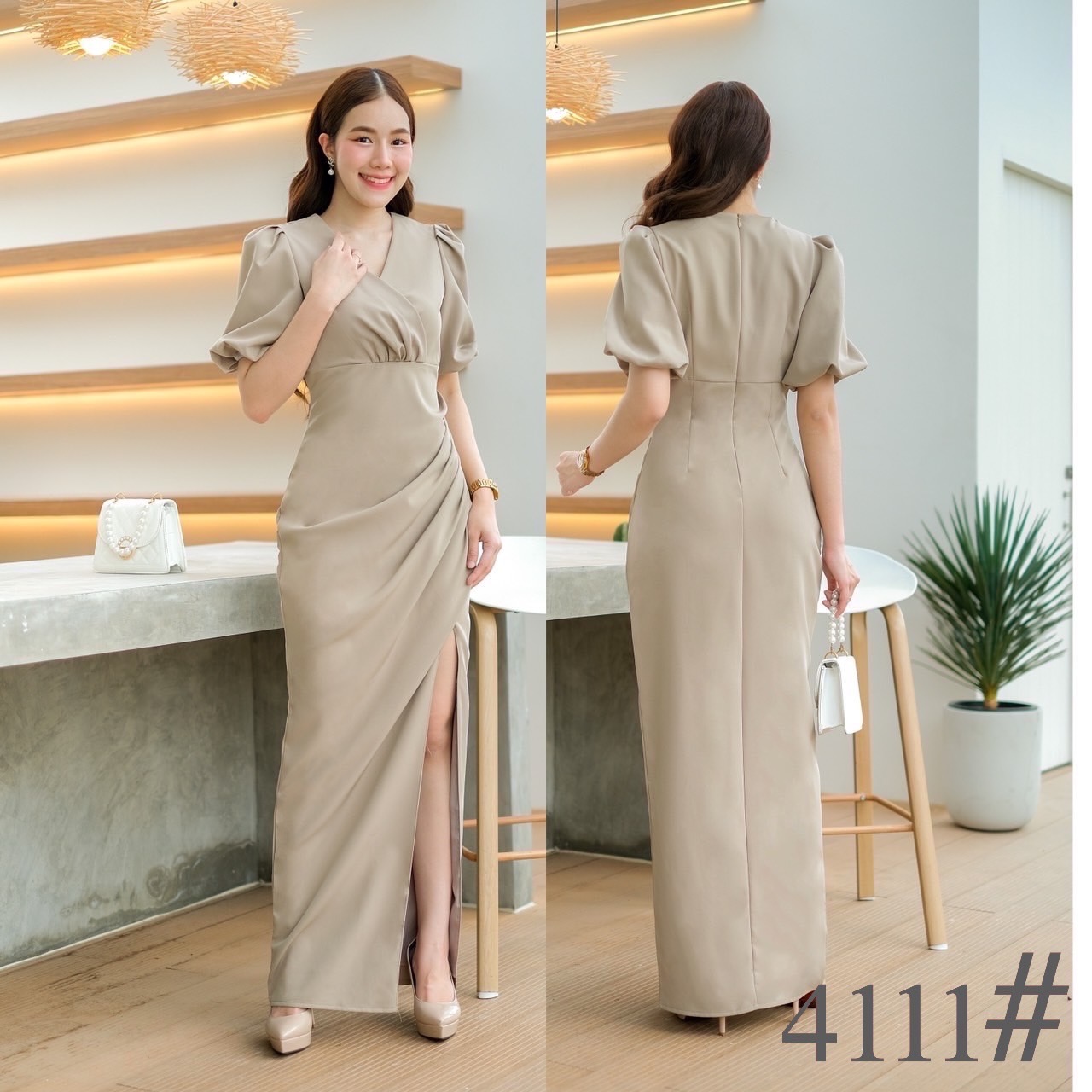 kudapy เดรสยาวสีครีม/สีชมพู/สีชาไทย/สีขาว ทรงคอวี แขนพอง เอวสูง จับเดรปย่นช่วงสะโพก เดรสใส่ออกงาน ผ่าหน้าขา sexy เล็กๆ เนื้อผ้า เครปเกาหลี