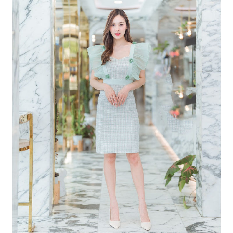 kudapy เดรสสั้นสีเขียว/สีชมพู ผ้าทวิตแขนระบาย